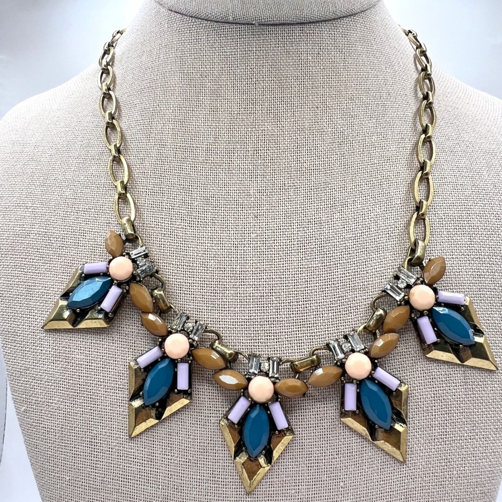 JewelMint Multi Color Geometric Bib Statement Necklace Gold Tone Teal Blue